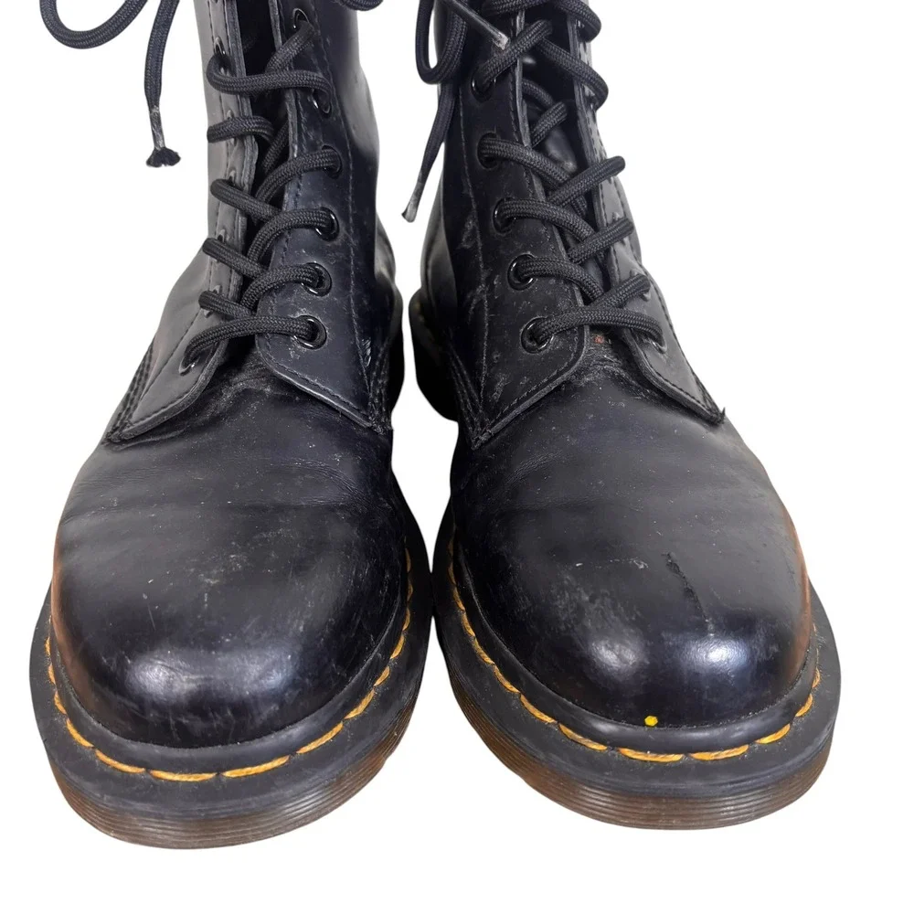 Dr. Martens 1460 Smooth Leather 8-Eye Combat Boots Black Yellow Stitching Sz 8